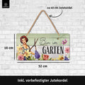 Blechschild Bin im Garten mit Blumen