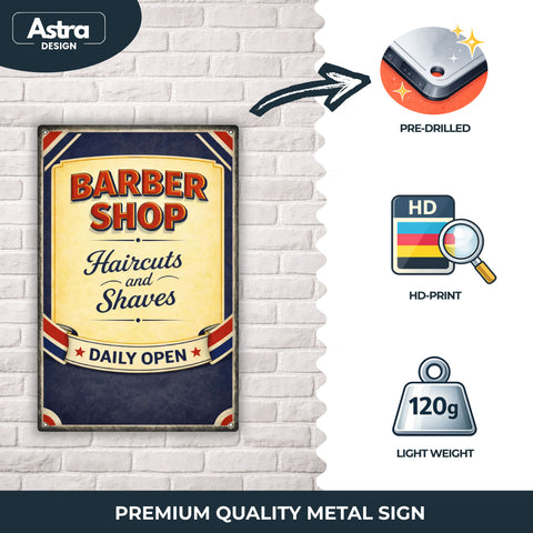 Blechschild 20x30cm – Barber Shop Haircuts and Shaves Schild