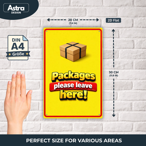 Blechschild 20x30cm – Packages please leave here Paket Ablage Retro