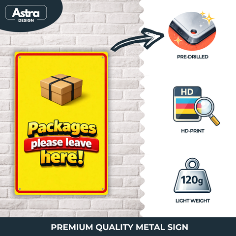 Blechschild 20x30cm – Packages please leave here Paket Ablage Retro