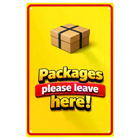 Blechschild 20x30cm – Packages please leave here Paket Ablage Retro