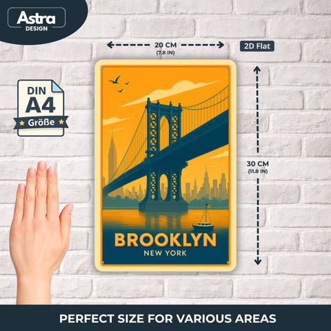 Blechschild 20x30cm – Brooklyn New York Brückenmotiv Retro Illustration