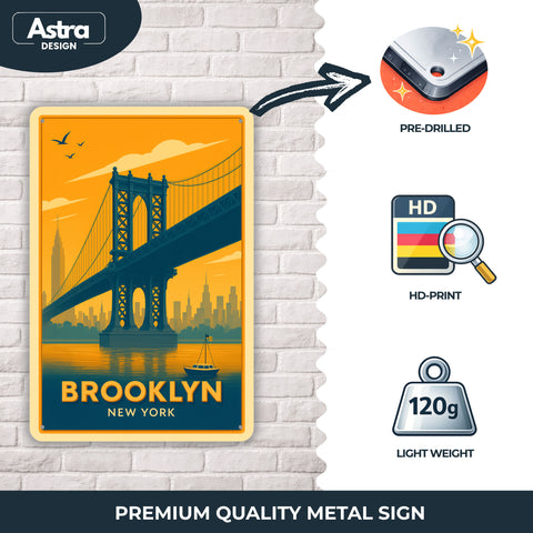 Blechschild 20x30cm – Brooklyn New York Brückenmotiv Retro Illustration