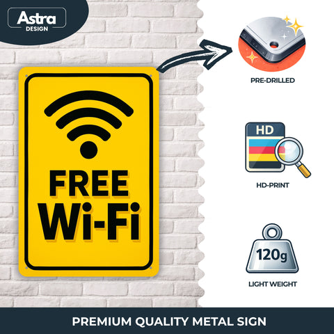 Blechschild 20x30cm – Free Wi-Fi Hinweis Schild Gelb Schwarz