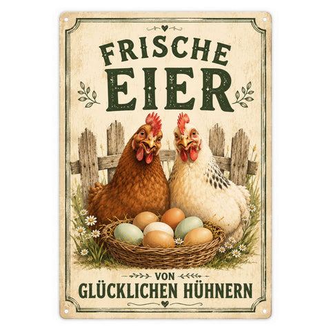 Blechschild 20x30cm – Frische Eier von glücklichen Hühnern Bauernhof Landhaus Deko
