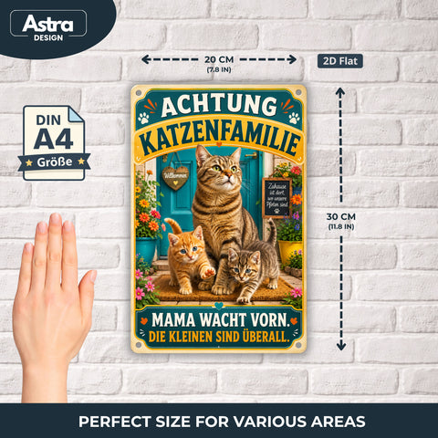 Blechschild 20x30cm – Katzenfamilie Achtung Dekoschild
