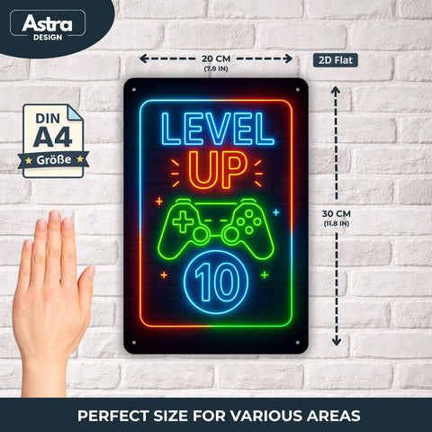 Blechschild 20x30cm – Level Up 10 Gaming Neon Controller Geburtstag