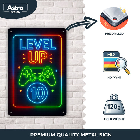 Blechschild 20x30cm – Level Up 10 Gaming Neon Controller Geburtstag