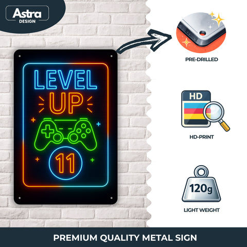 Blechschild 20x30cm – Level Up 11 Gaming Neon Controller Motiv