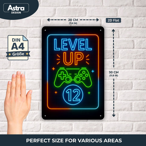 Blechschild 20x30cm – Level Up 12 Gaming Neon Controller Motiv