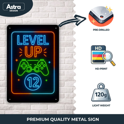 Blechschild 20x30cm – Level Up 12 Gaming Neon Controller Motiv