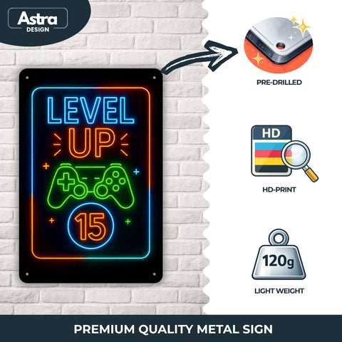 Blechschild 20x30cm – Level Up 15 Gaming Neon Controller Motiv