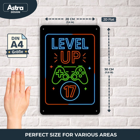 Blechschild 20x30cm – Level Up 17 Gaming Neon Controller Motiv