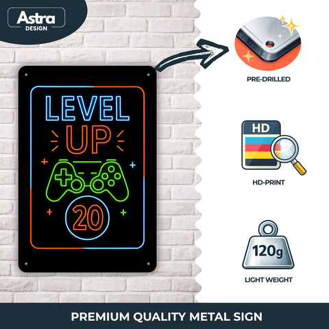 Blechschild 20x30cm – Level Up 20 Gaming Neon Controller Motiv