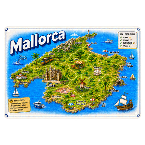 Blechschild 20x30cm – Mallorca Inselkarte Urlaubskarte Retro Schild