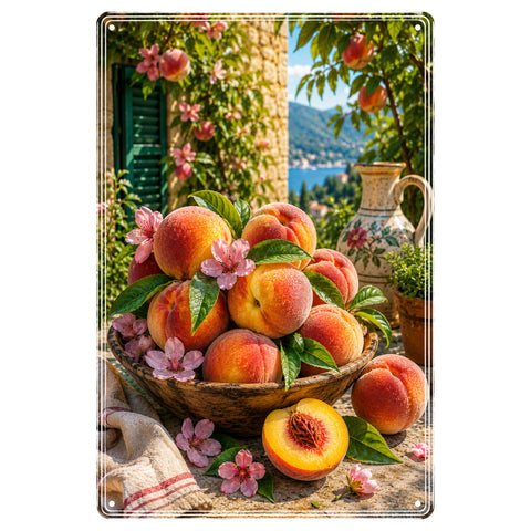 Blechschild 20x30cm – Pfirsiche Mediterrane Sommer Deko Italien Obstgarten Landhausstil