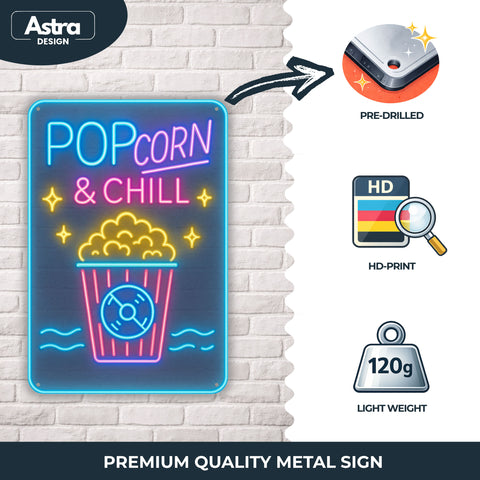Blechschild 20x30cm – Popcorn & Chill Neon Style