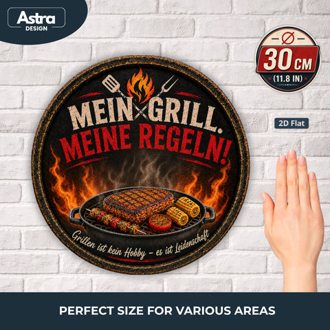 Blechschild Rund 30cm – Mein Grill Meine Regeln BBQ Grillmeister Deko