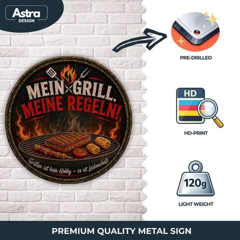Blechschild Rund 30cm – Mein Grill Meine Regeln BBQ Grillmeister Deko