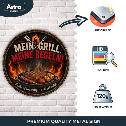 Blechschild Rund 30cm – Mein Grill Meine Regeln BBQ Grillmeister Deko