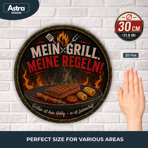 Blechschild Rund 30cm – Mein Grill Meine Regeln BBQ Grillmeister Deko