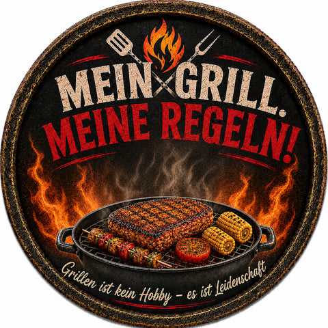 Blechschild Rund 30cm – Mein Grill Meine Regeln BBQ Grillmeister Deko