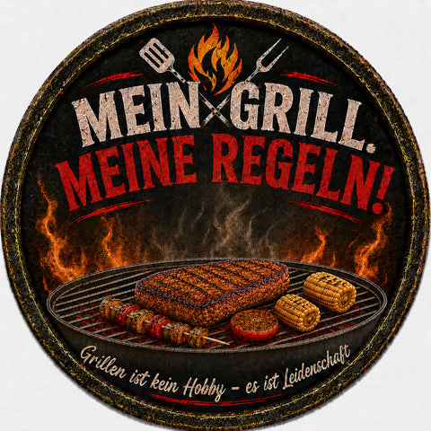 Blechschild Rund 30cm – Mein Grill Meine Regeln BBQ Grillmeister Deko