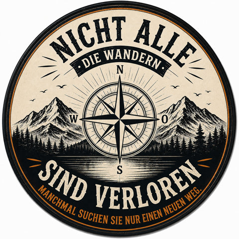 Blechschild Rund 30cm – Nicht alle die wandern sind verloren Kompass Deko