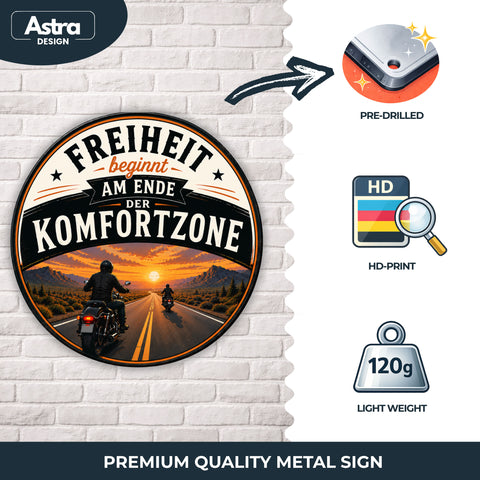 Blechschild Rund 30cm – Freiheit beginnt am Ende der Komfortzone Motorrad