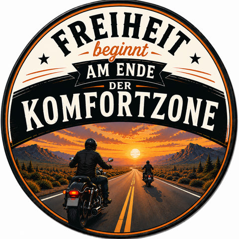 Blechschild Rund 30cm – Freiheit beginnt am Ende der Komfortzone Motorrad