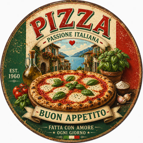 Blechschild Rund 30cm – Pizza Buon Appetito Italien Küche Retro Deko