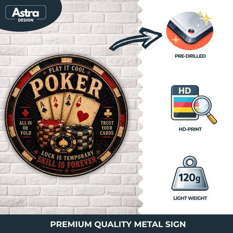 Blechschild Rund 30cm – Poker Spielkarten & Casino Chips Retro Wanddeko