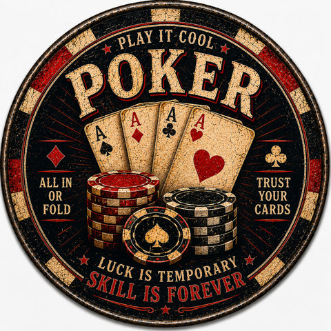 Blechschild Rund 30cm – Poker Spielkarten & Casino Chips Retro Wanddeko