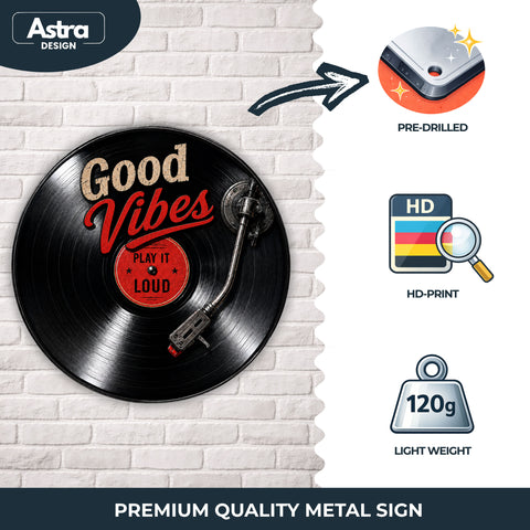 Blechschild Rund 30cm – Good Vibes Play It Loud Schallplatte Vinyl Deko