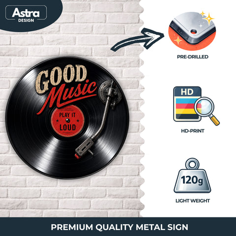Blechschild Rund 30cm – Good Music Play It Loud Schallplatte Vinyl Deko