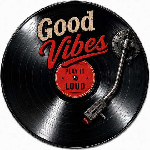 Blechschild Rund 30cm – Good Vibes Play It Loud Schallplatte Vinyl Deko