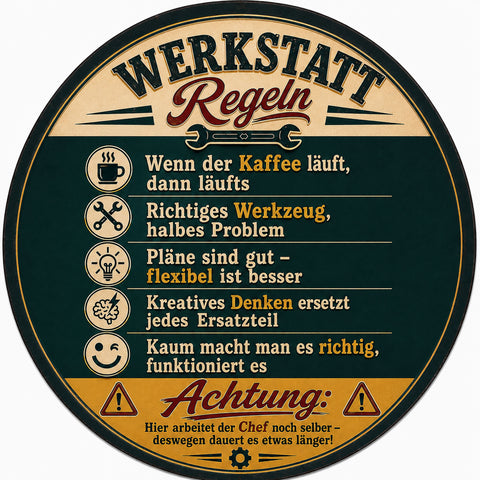 Blechschild Rund 30cm – Werkstatt Regeln Lustiger Schrauber Spruch Deko
