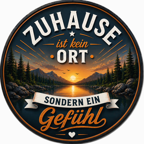Blechschild Rund 30cm – Zuhause ist kein Ort sondern ein Gefühl Spruchschild