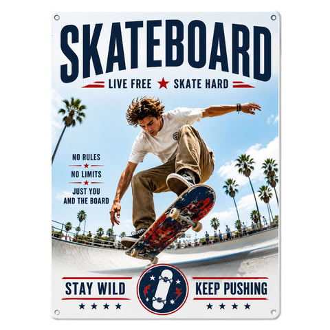 Blechschild 20x30cm – Skateboard Live Free Skate Hard Skater Skatepark Motivation