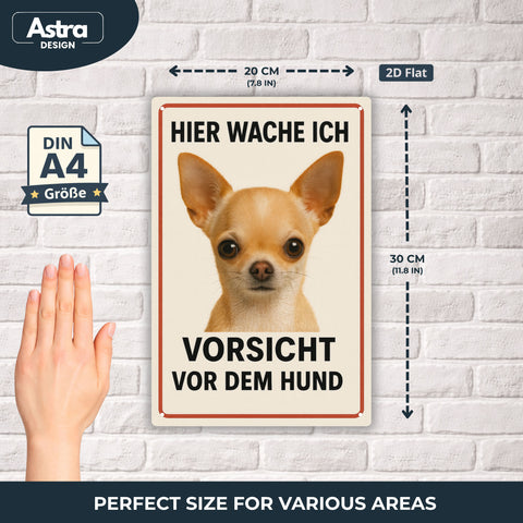 Blechschild 20x30cm – Hier wache ich Vorsicht vor dem Hund Chihuahua