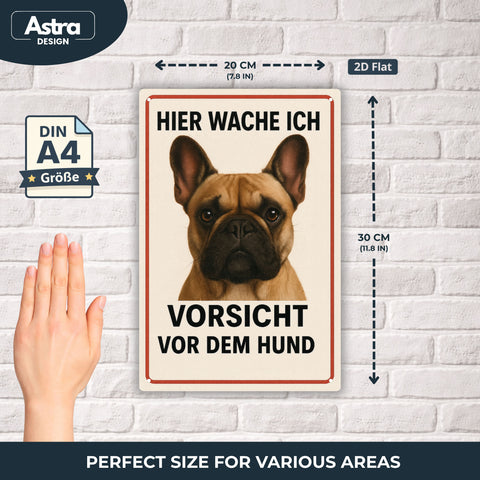 Blechschild 20x30cm – Hier wache ich Vorsicht vor dem Hund Französische Bulldogge