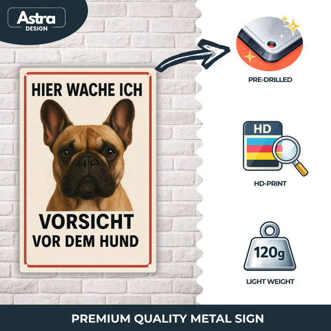 Blechschild 20x30cm – Hier wache ich Vorsicht vor dem Hund Französische Bulldogge