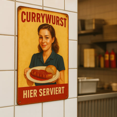 Currywurst Hier Serviert Blechschild Gelb/Rot - 20x30cm
