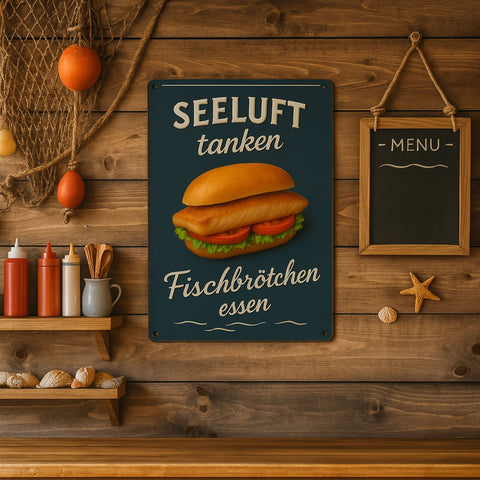 Fischbrötchen Essen Blechschild Seeluft tanken - 20x30cm