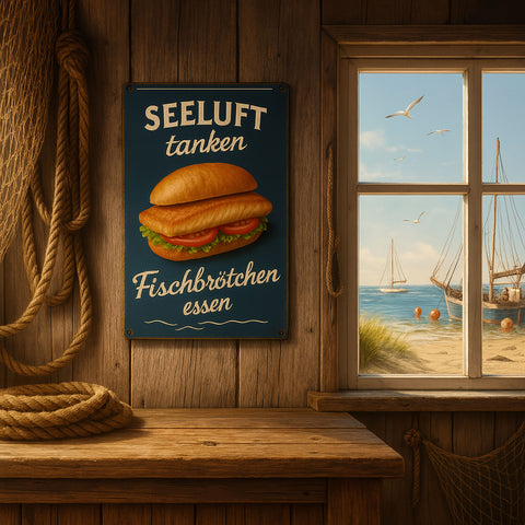 Fischbrötchen Essen Blechschild Seeluft tanken - 20x30cm