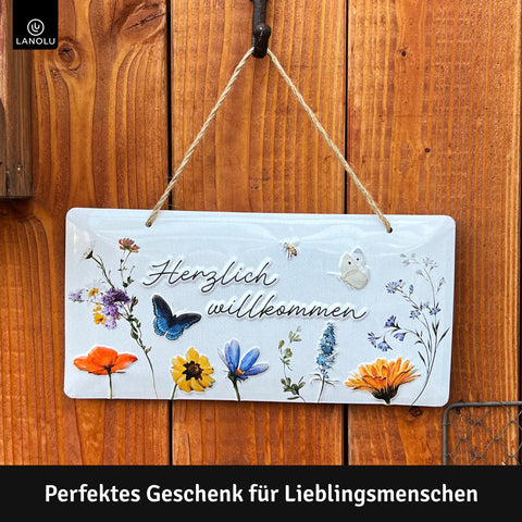 Blechschild Herzlich Willkommen Blumen