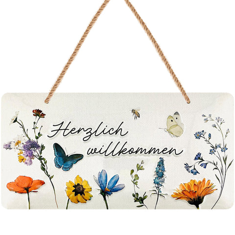 Blechschild Herzlich Willkommen Blumen