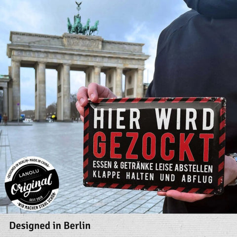Blechschild Hier wird gezockt rot