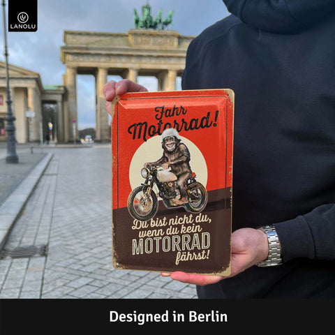 Blechschild Affe auf Motorrad