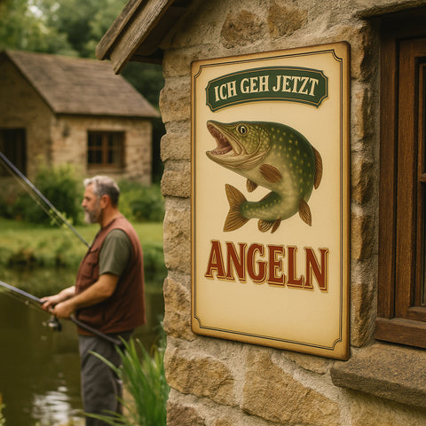 Ich geh jetzt Anglen Blechschild mit Fisch - 20x30cm